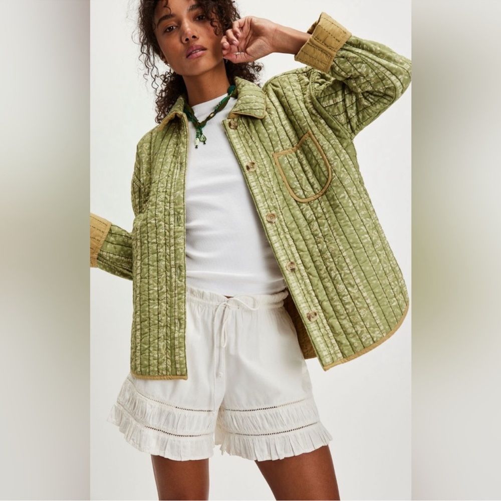 Free People Alexis Quilted Jacket Olive Flowers Spring Cotton Sz Small Nwt $198
